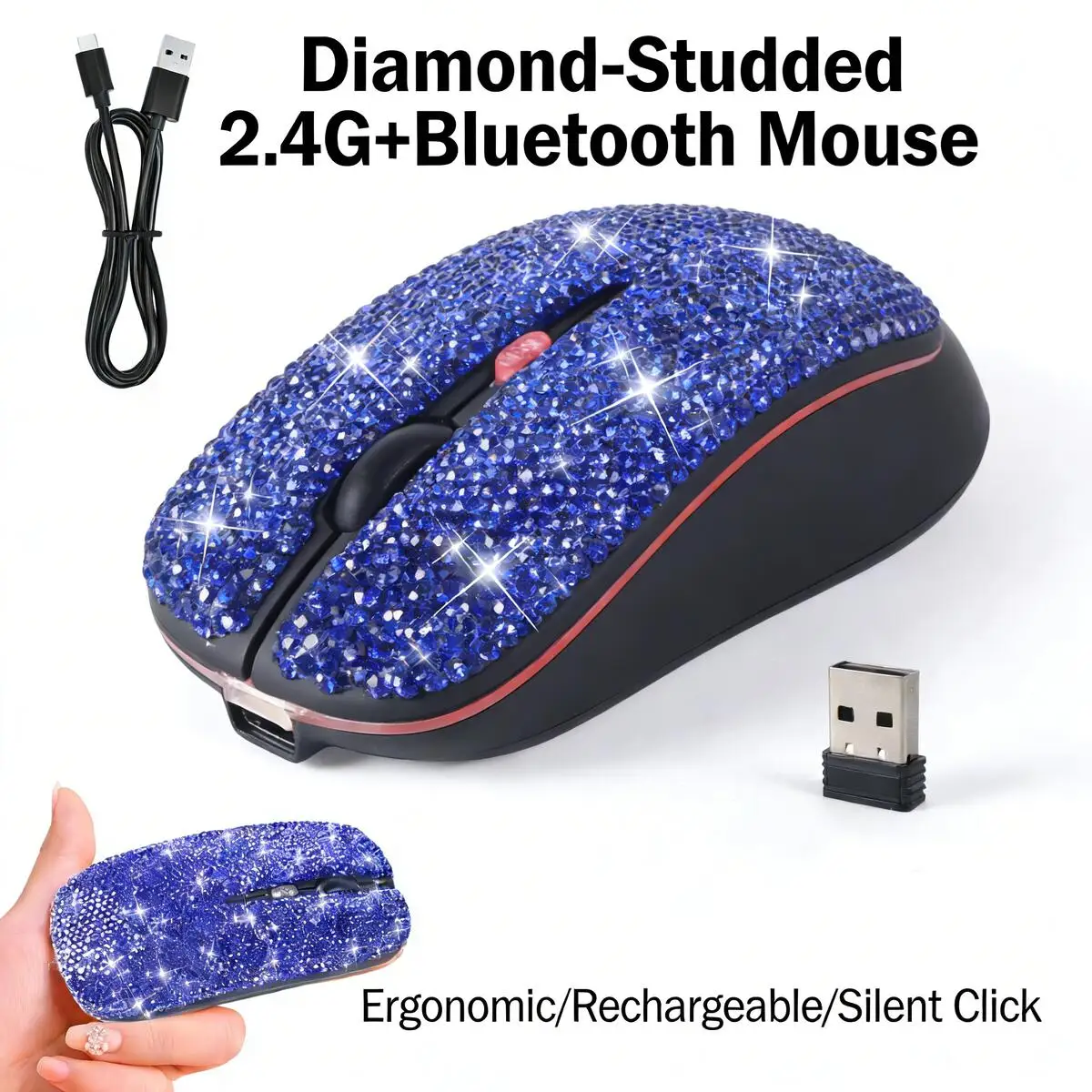 

Diamond-Studded 2.4G+Bluetooth Dual-Mode Wireless Mouse Silent Ergonomic Rechargeable Portable for PC Laptop Office Girls Gift