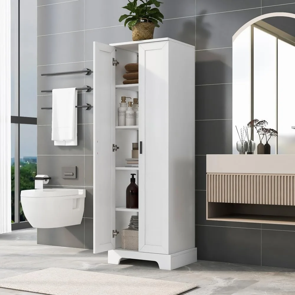

5 Tier Tall Narrow Bathroom Cabinet with 2 Adjustable Shelves, 2 Fixed Shelves & 2 Doors, Anti-Tipping Storage Cabinet, Freestan