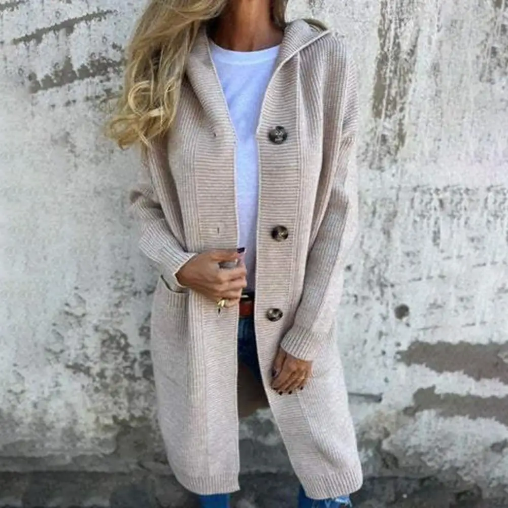 Solid Color Sweater Jacket Stylish Women's Knitted Cardigan with Hood Pockets Long Sleeve Single Breasted for Fashionable