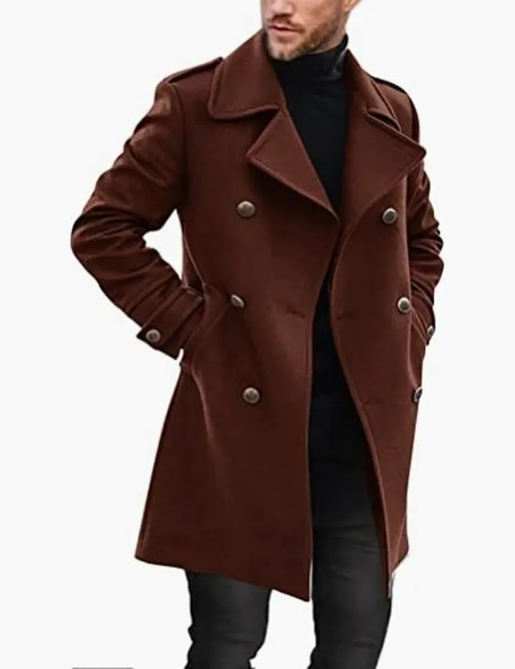 New Men's Woolen Coats Lapel Long Coat Jackets Double-breasted Solid Color Overcoat Autumn Winter Thick Long Trench Coat Outwear