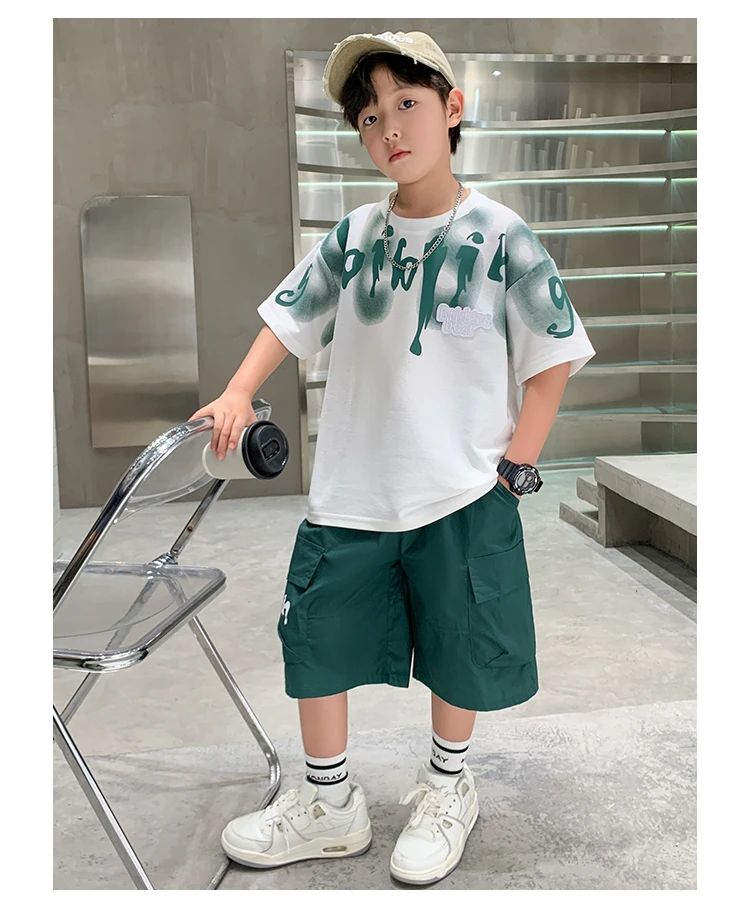 Heißer Verkauf Jungen Sommer Mode Baumwolle 2-teilige Kurzarm-T-Shirts + Shorts Anzüge 5-14 Jahre Kinder Freizeitkleidung Kinderbekleidungssets – Detail 9