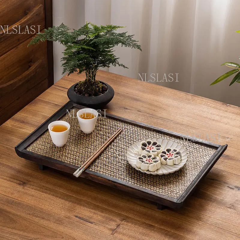 Chinese style Natural Bamboo Woven Tea Board with Solid Wood Border Small Raised Feet Kung Fu Tea Tray for Home Tea Ceremony
