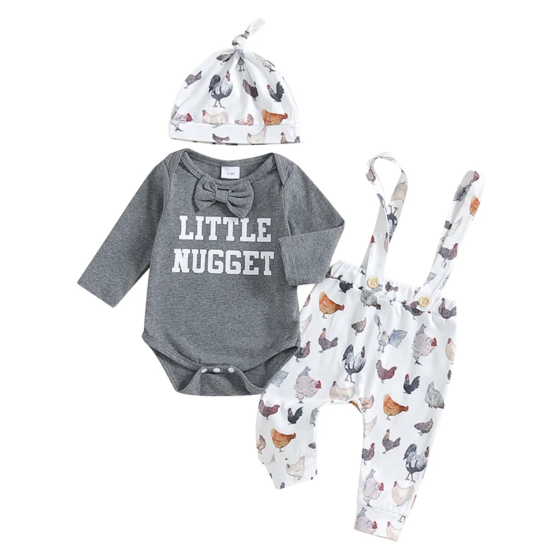 

Infant Baby Boy Clothes Little Nugget Baby Outfit Long Sleeve Farm Letter Romper Suspender Pants Cute Coming Home Outfit