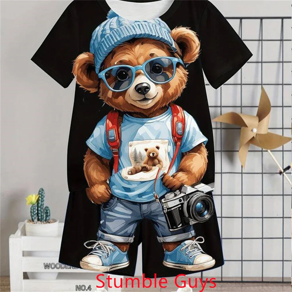 Fashion Brand Bear Tshirt Set Kids Summer Anime Clothes Tracksuit Boys Girls Tops One Piece Cartoon Sonic 2pcs Short Sleeve