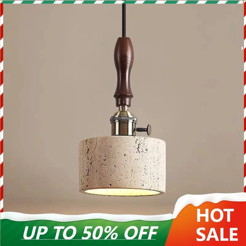 Nordic Modern Copper Socket Wood Yellow Travertine Stone Wall Light Pull Chain Switch LED Fixtures Aisle Study Bedside Lamp