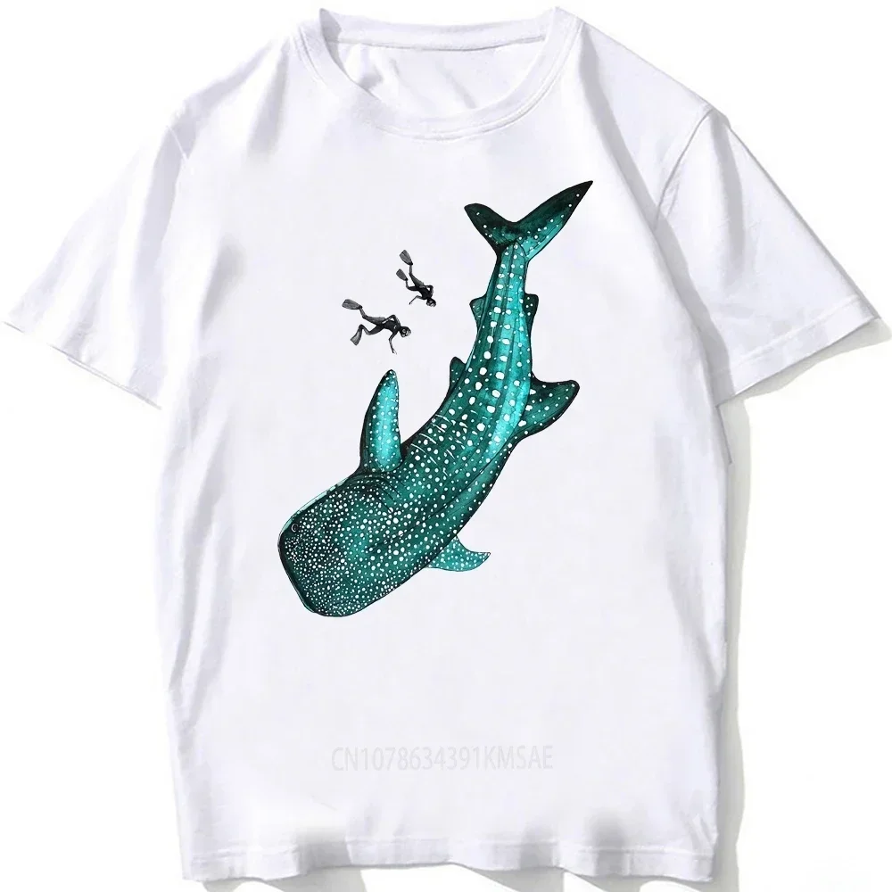 T-shirt unisexe grand requin blanc pour homme, art de la plongée vers les profondeurs de l'océan avec requin baleine, t-shirts h