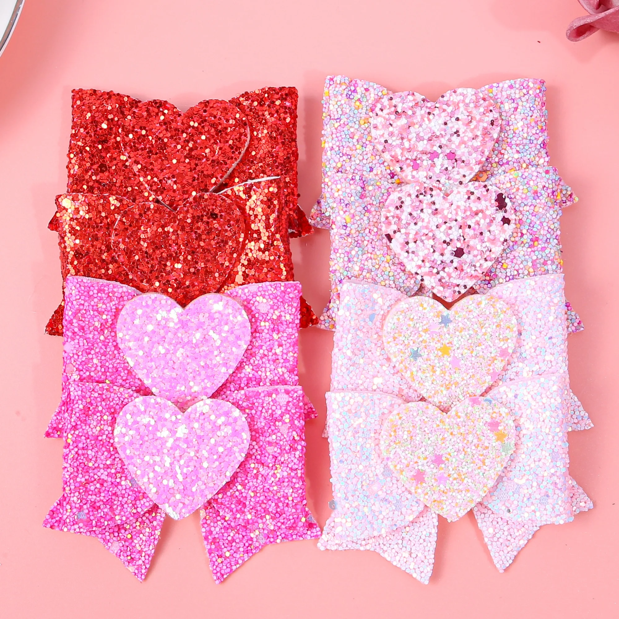 2/8pcs Sweet Glitter Hair Bows Clips for Girls Valentine's Day Heart Bows Hair Clips Barrettes for Kids Party Hair Accessories view 2