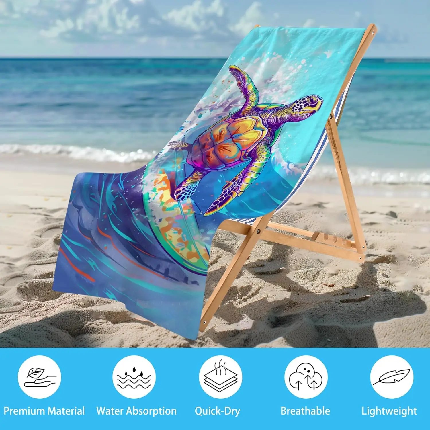 Surfing Turtle Beach Towel 31.5x63 Inch Colorful Sea Turtle Print Quick Dry Soft Microfiber Bath Towel for Summer Pool