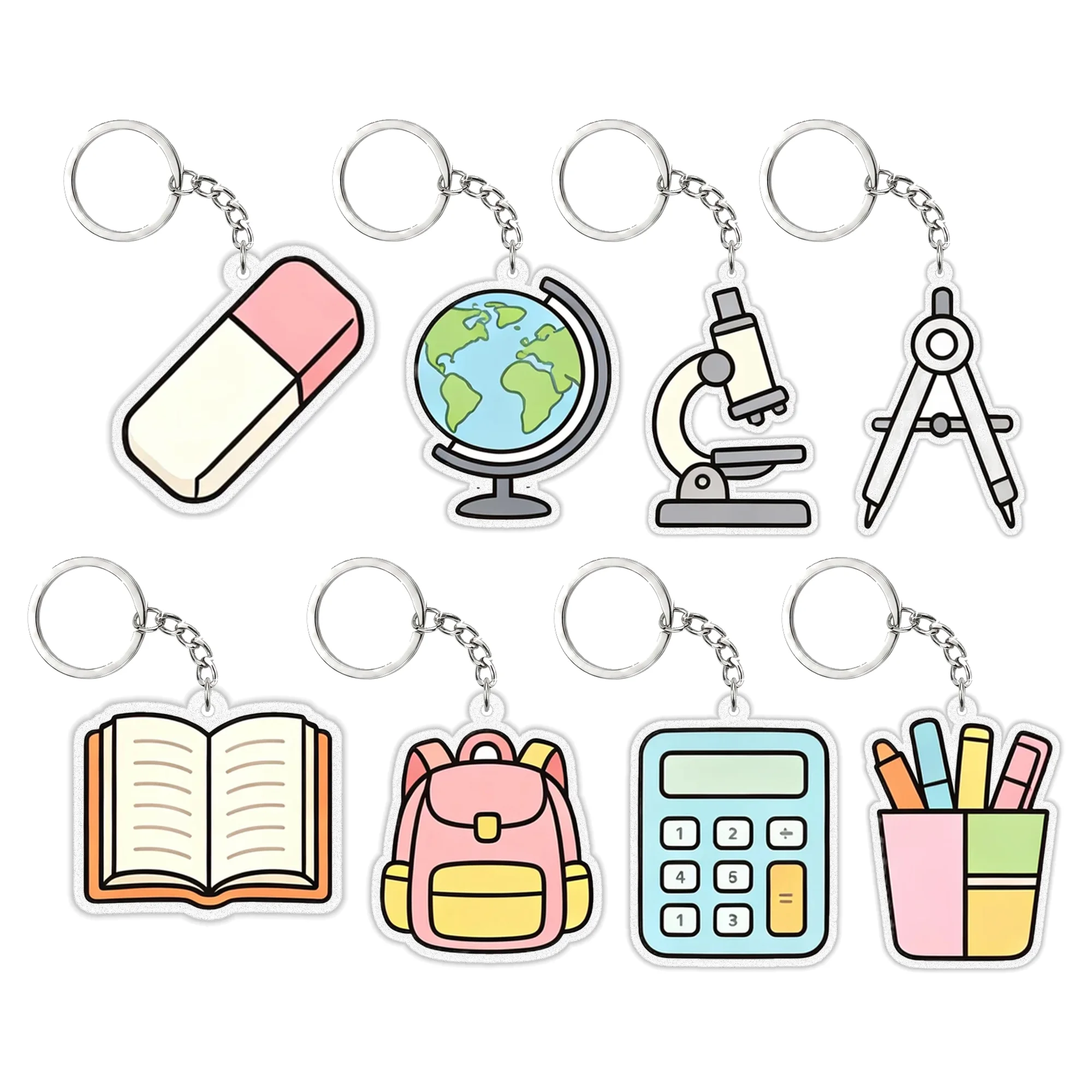 1pcs Cute School Stationery Keychains Keyring, Cartoon Book Pencil Eraser Backpack Globe Calculator Alarm Clock Acrylic Pendant