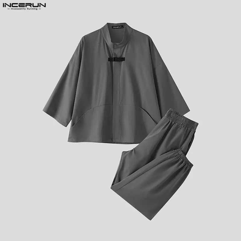 INCERUN Men's Sets Solid Color 3/4 Sleeve Trench Pants Two Piece Sets Fashion Tracksuits Streetwear Oversize Men Matching Sets