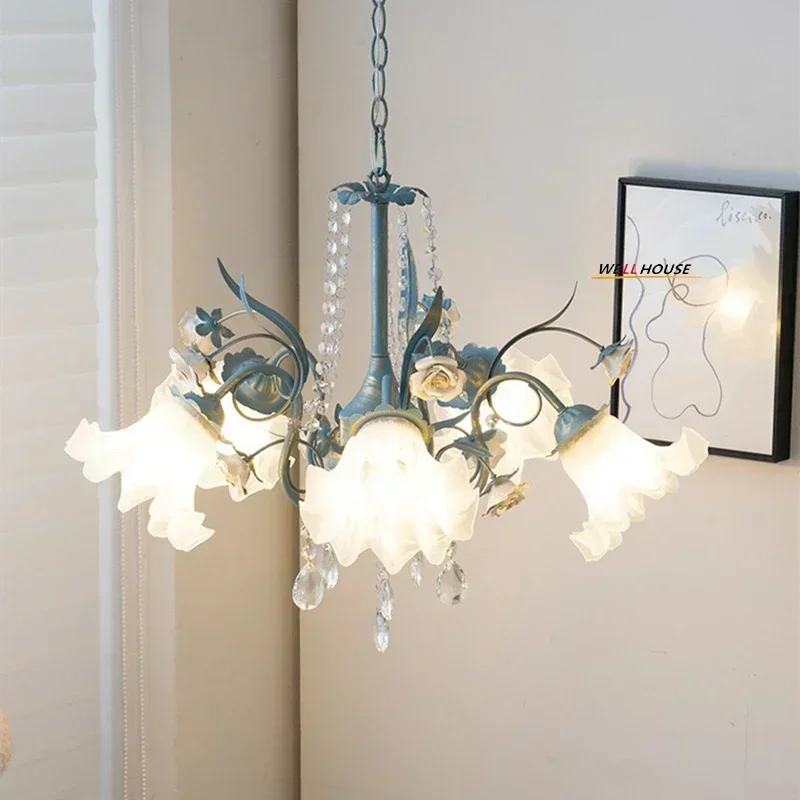 Modern Glass Flower Chandeliers Traditional Shop Villa Hanging Lamps  Living Room Bedroom Pendant Lights for Room Decor Lustre