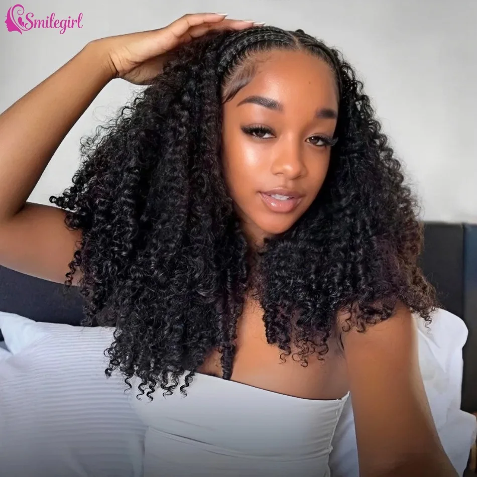 Burmese Curly Hair Half Wigs Wear and Go Glueless Deep Wave Human Hair Wigs Brazilian 3 IN 1 Curly Half Wig With Drawstring Flip Over Natural Black 30 38 Inch