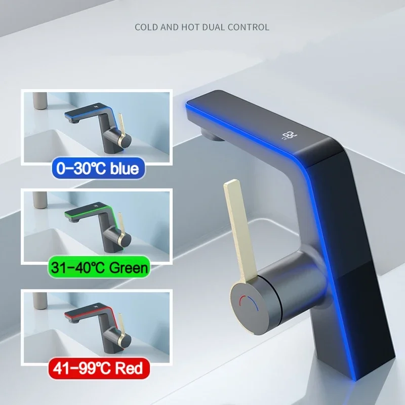 

All-copper smart faucet, hot and cold water, digital display temperature, with ambient light, bathroom wash basin, smart faucet