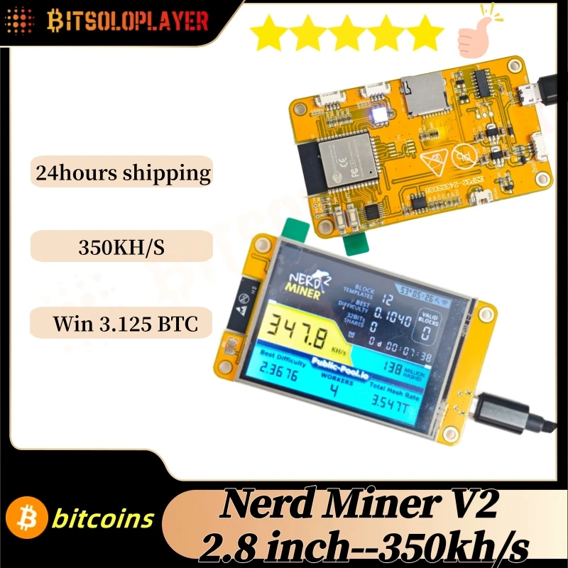 bitcoins nerd miner V2 2.8 Inch  ESP32 Smart Touch Display BTC Solo Miner 350KH/S Win 3.125 BTC Lotto Miner