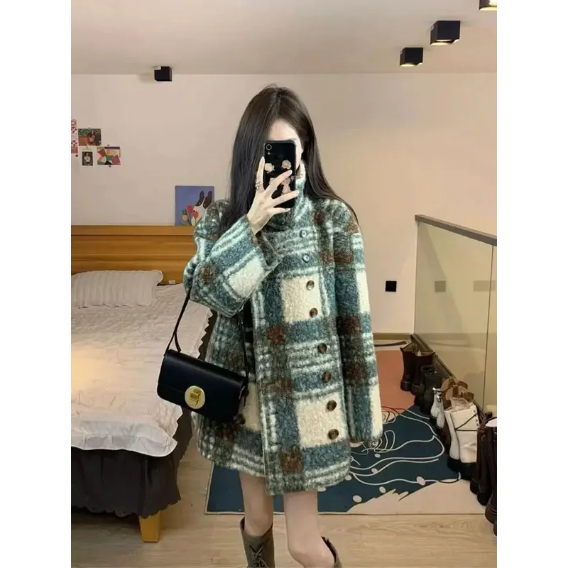 

Plaid Woolen Jacket Korean Fashion New Autumn Winter Outwears for Women Double-breasted Split Casual Loose Fitting Female Jacket