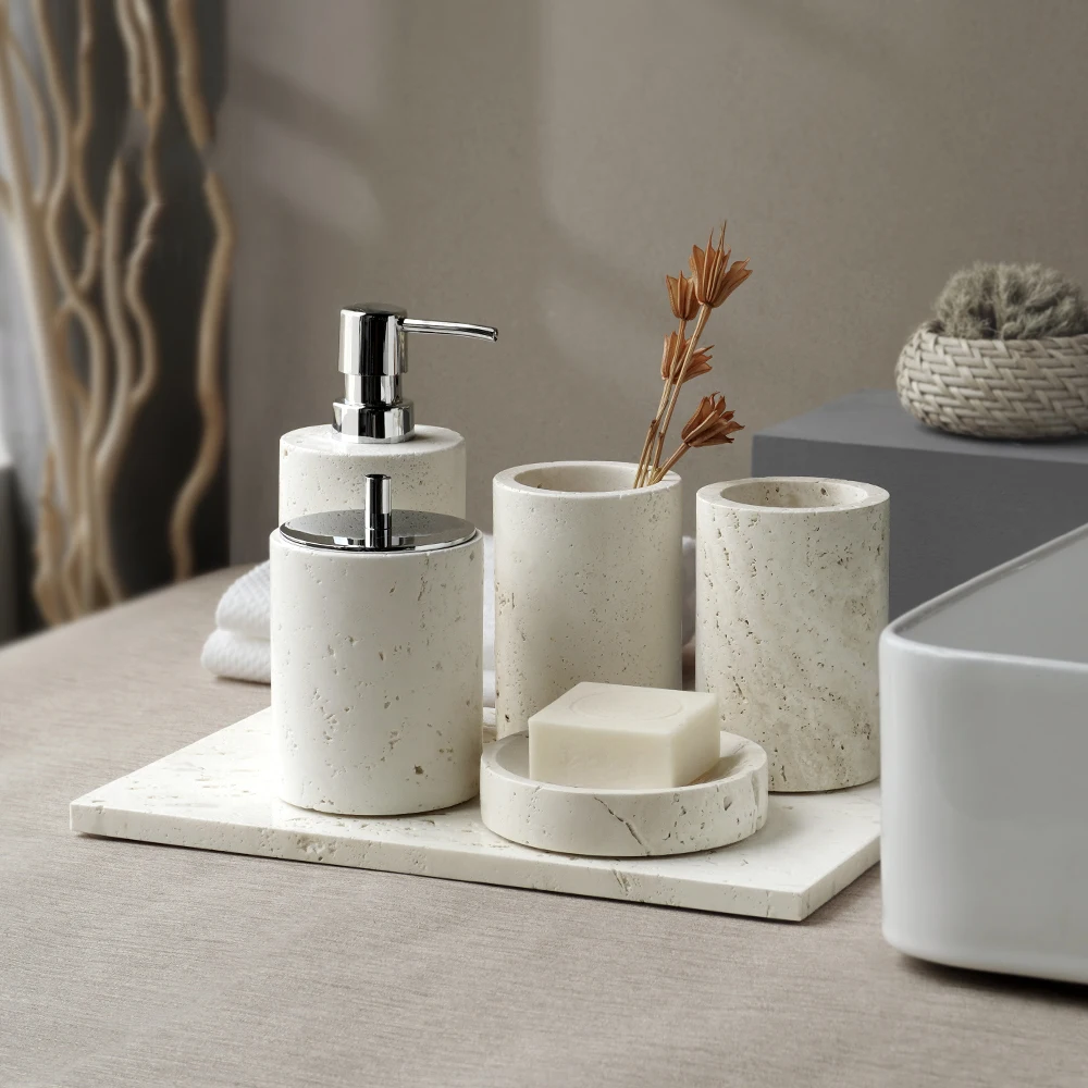 Beige Travertine Bathroom Set Ture Natural Marble Stone Soap Dispenser Toothbrush Holder Tray Tissue Box Bathroom Accessories