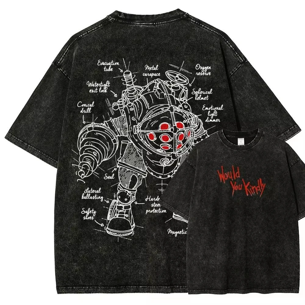 Pop BioShock Game Short-sleeved Washed-out Distressed Pure Cotton Loose Men's and Women's Shirt Large Size