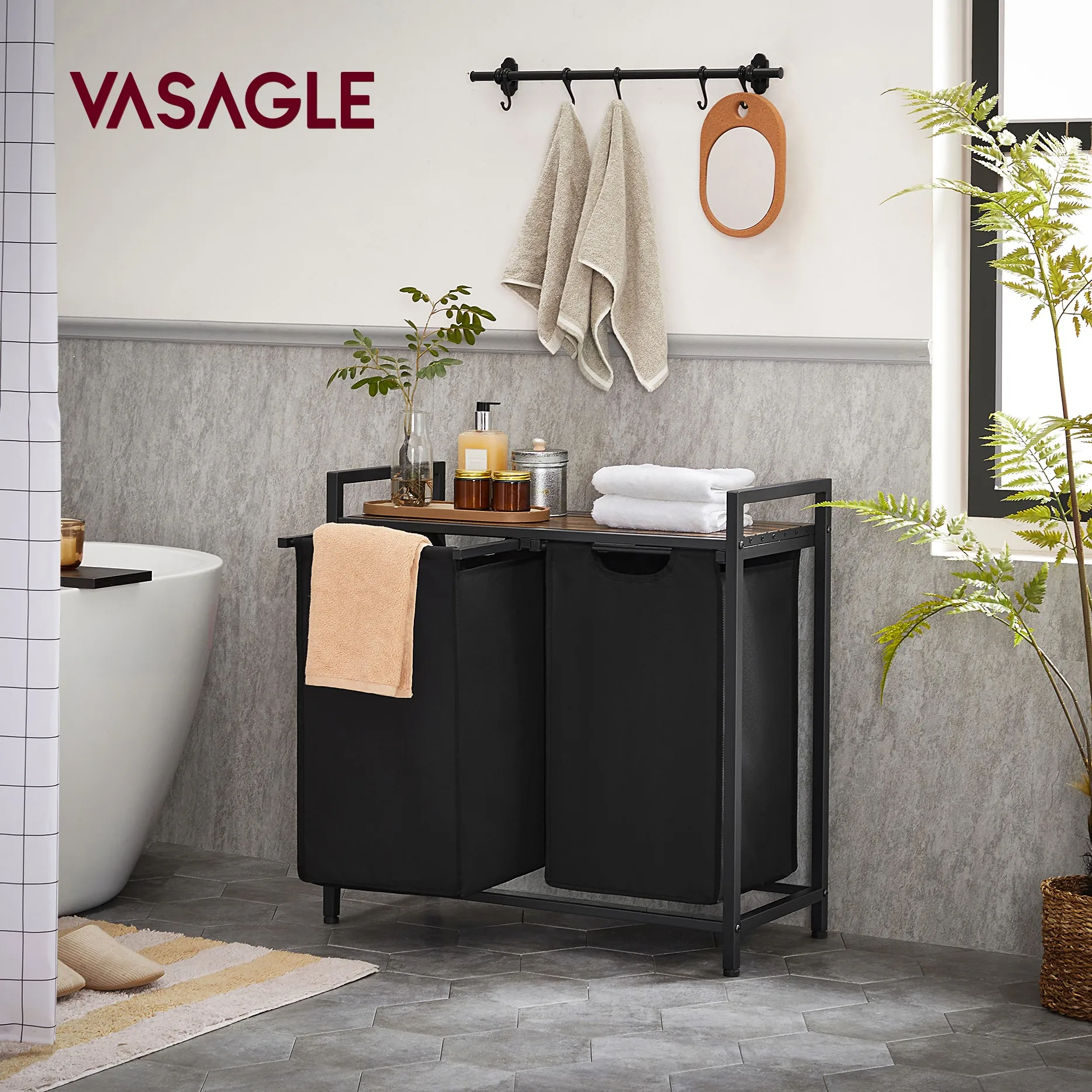 Vasagle Laundry Basket with 2 Compartments, 2 Oxford Cloth Bags, Metal Frame, 2 x 46L, 73 x 33 x 72cm, Rustic Brown/Black