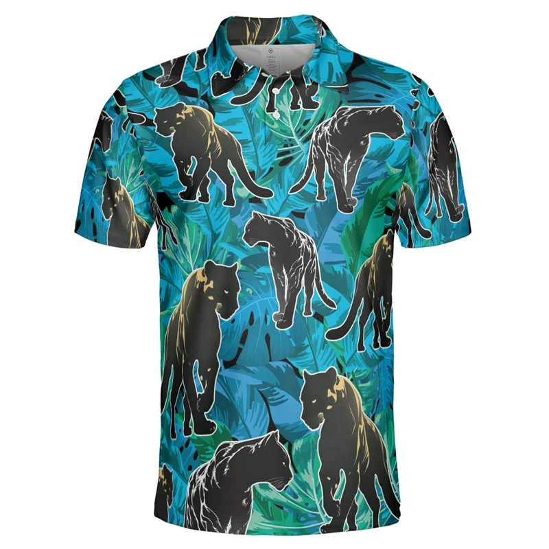 

Black Jaguar 3D Printed Polo Shirts For Men Clothes Harajuku Fashion Short Sleeve Leopard Animal Button POLO Shirt Male Y2k Tops