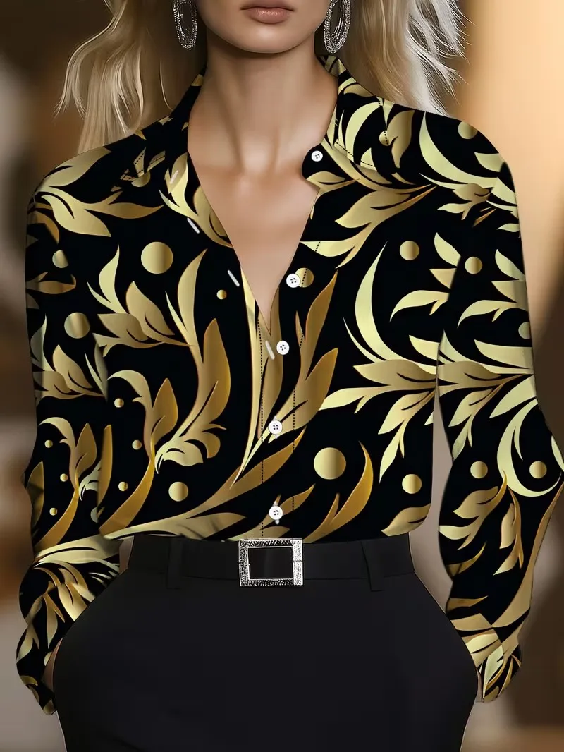 Ladies' Long Sleeved Lapel Button Fashionable Versatile Shirt 3D Floral Gradient Printed Casual Top
