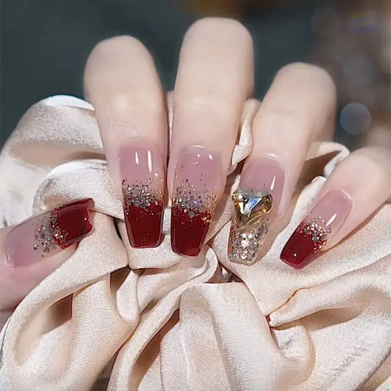 

24pcs Deep Red Luxury Fake Nails Art Acrylic Removable Press on False Nails Short Square Fake Nails with Tool