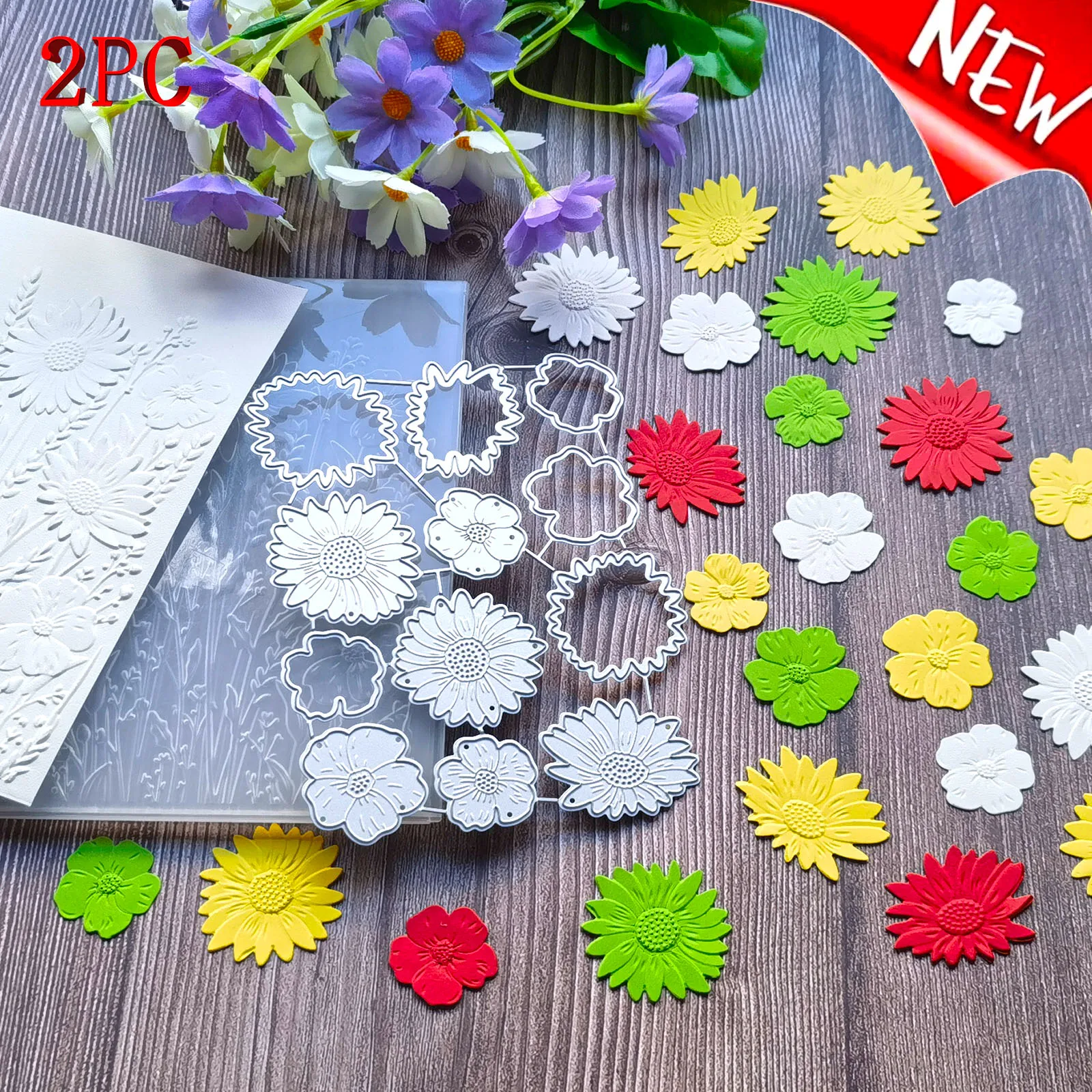 Flores florecientes de campo verde: susurro de girasoles y flores silvestres "Cuadro en relieve con diseño de panel trasero y molde para cortar 3D, 2 piezas