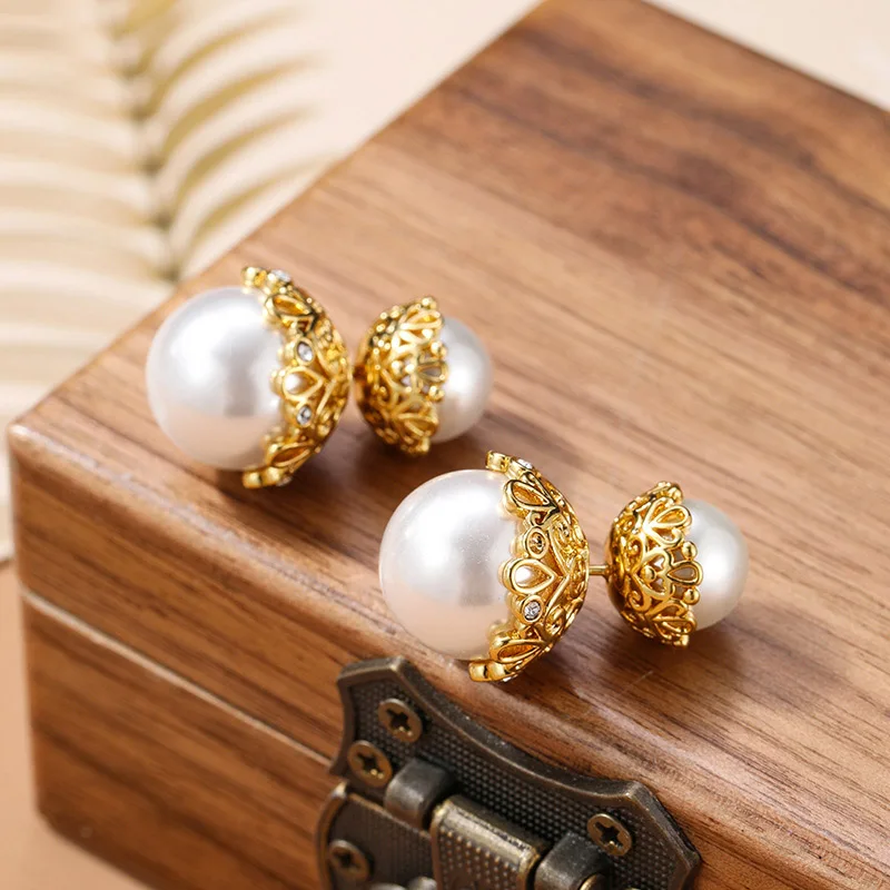 

Luxury Silver Needle Pearl Earrings European American Fashion Titanium Steel Zircon Micro-Inlaid Crown Stud Earrings