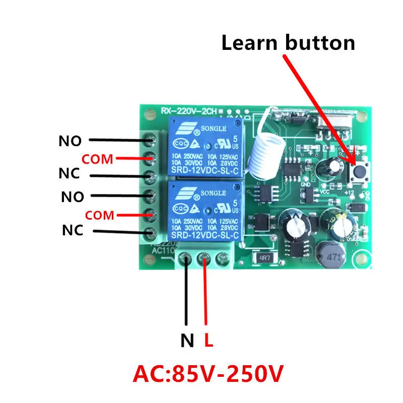 433 Mhz Universal Wireless Remote Control Switch AC 85V ~ 250V 110V 220V 2CH Relay Receiver Module and RF 433Mhz Remote Controls