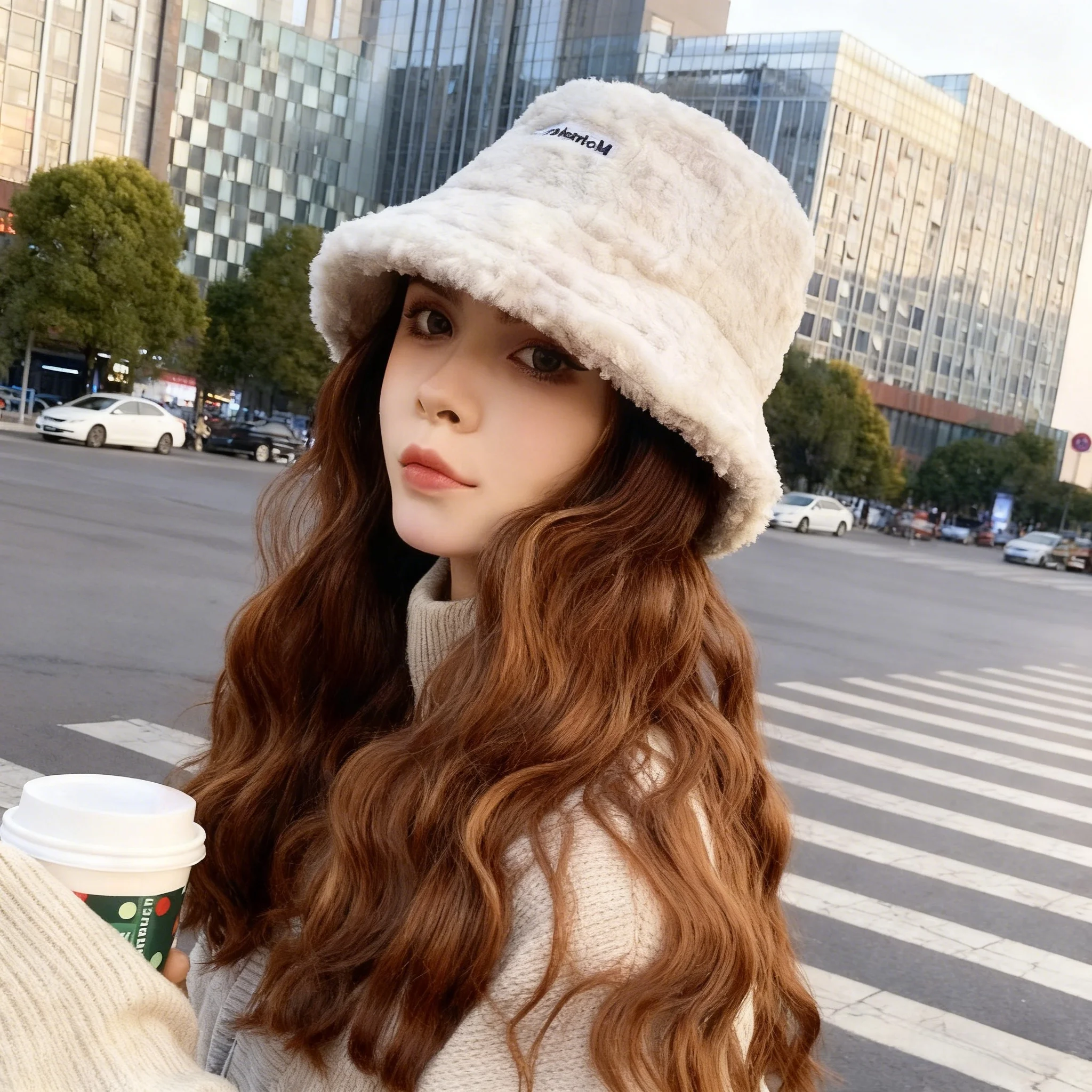 

Synthetic 50cm Winter Cold Resistant Wig Hat With Long Straight Hair And Long Curly Hair Black/white Hat With Lambhair Christmas