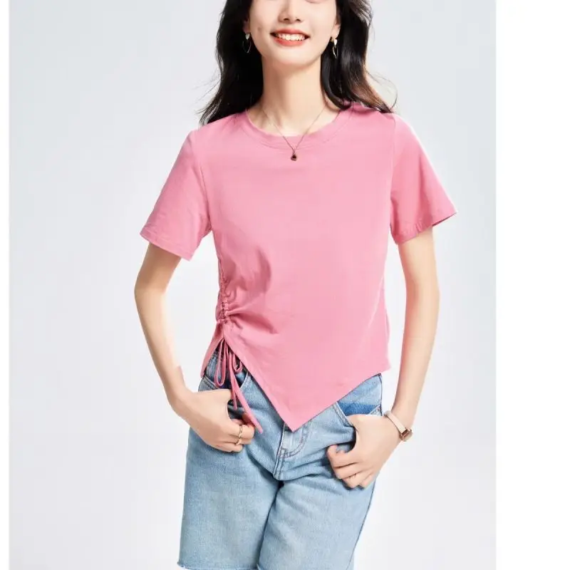 2023 Female Clothing Summer New Fashion Versatile Casual Women's T-shirt Solid Round Neck Pleated Short Sleeve Tops