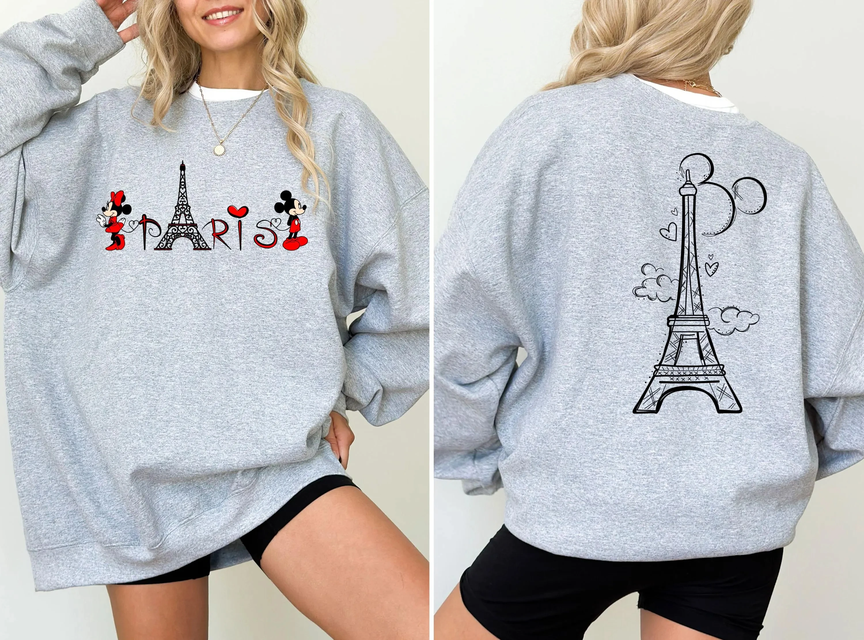 Disney Women's Minnie Mickey Couple Paris Eiffel Tower Sweatshirt Men Cotton Hoodies Pullover Autumn Winter Fleece Oversized Top