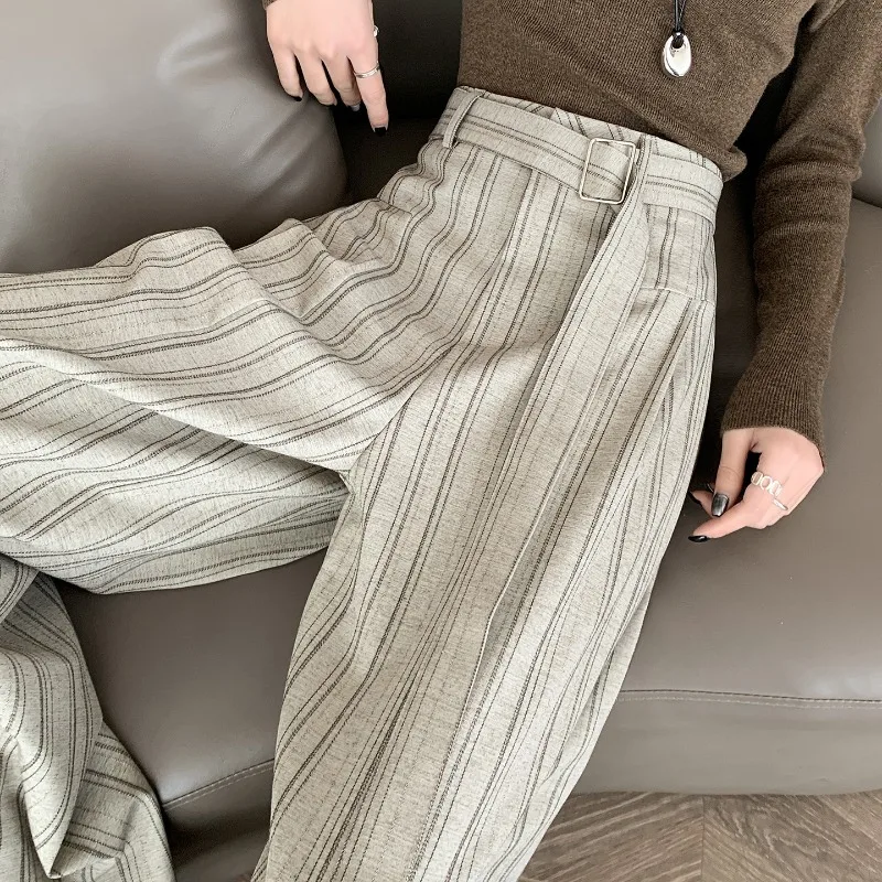Spring Summer Striped Wide Leg Elegant Women'S Pants Female 2026 High-Waist With Belt Casual Mopping Pants Office Lady Commute