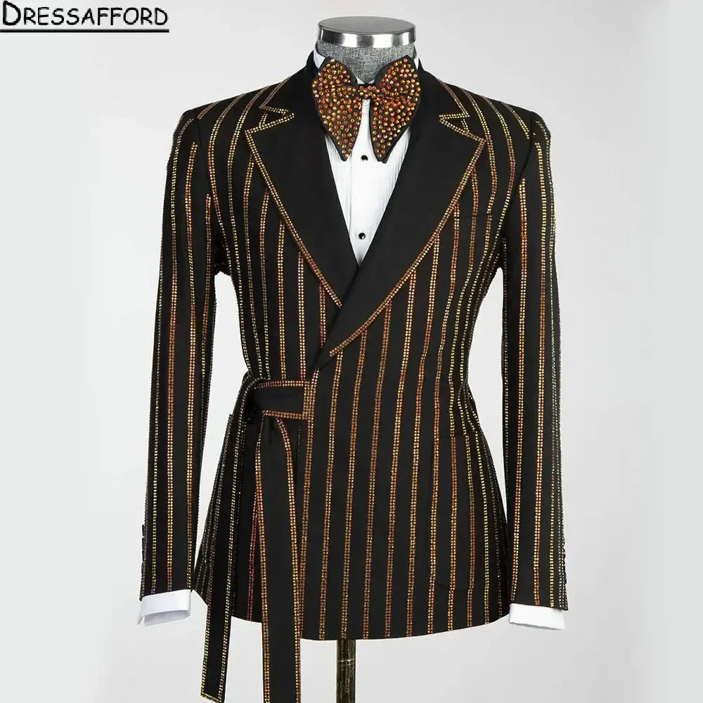 Black Two Pieces Men Suits Gold Crystal Beading Evening Party Blazer Groom Wear ( Jacket + Pants )