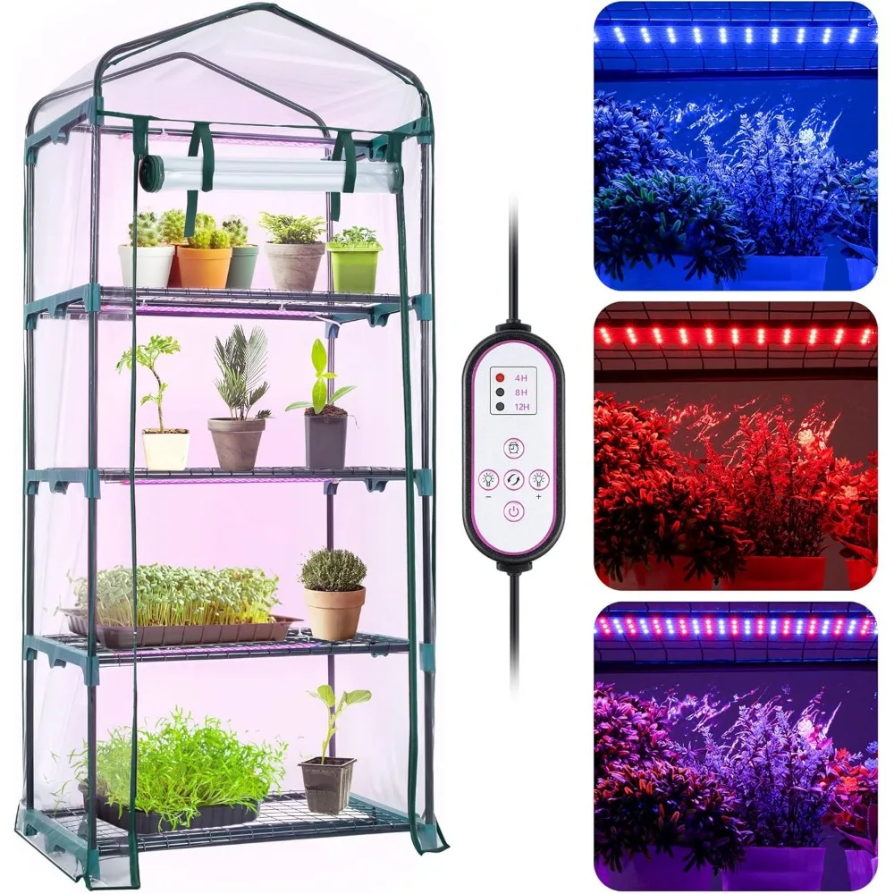 

Indoor Greenhouse with LED Grow Lights, 4 Tier Mini Greenhouse with Roll-Up Zipper PVC Waterproof Cover and Trays, Dimmab
