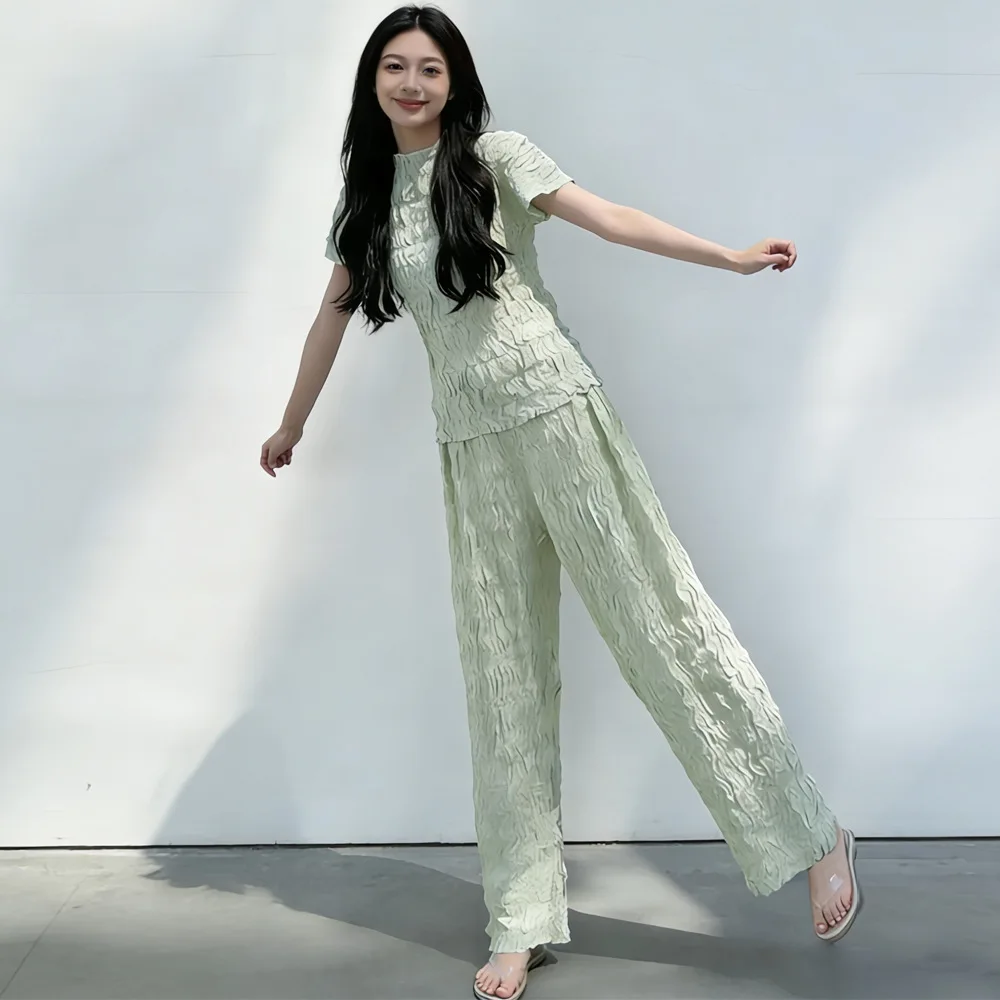 

Fold Light Green Crinkled Mock Neck Short Sleeve Top Wide Leg Pants 2 Piece Set Casual Daily Wear Women Elegant Stylish Softest