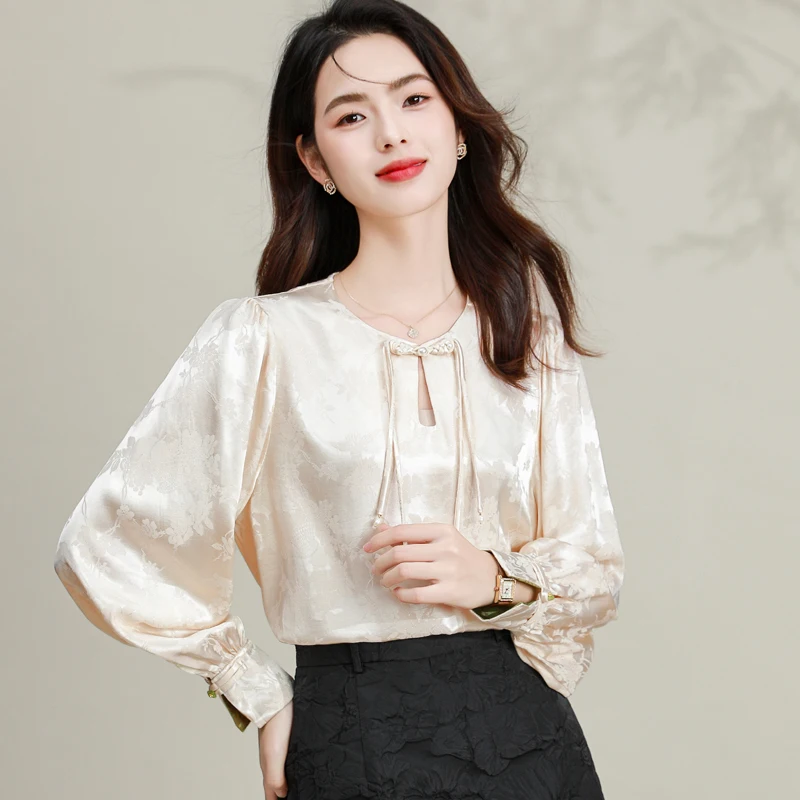 2024 Women Silk Jacquard Tops Beige Low-key Floral Pattern Blouses New Chinese Qipao Style Clothes Office Lady Elegant Attire