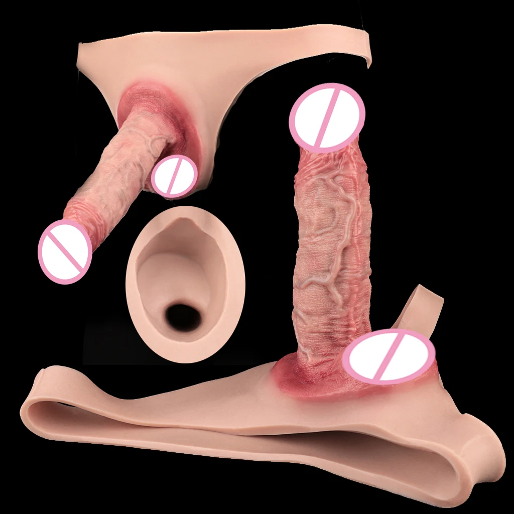 FAAK Nude Wearable Hollow Dildo  Silicone Panties Briefs Strapon Realistic Penis Sleeve Extender Cock Enlarger Sex Toys For Men