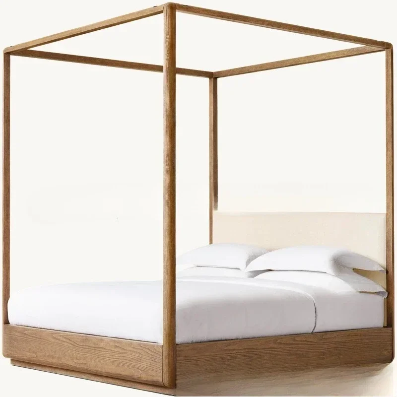 

Solid wood oak bed French retro light luxury four-poster Nordic shelf vertical column mosquito net gauze