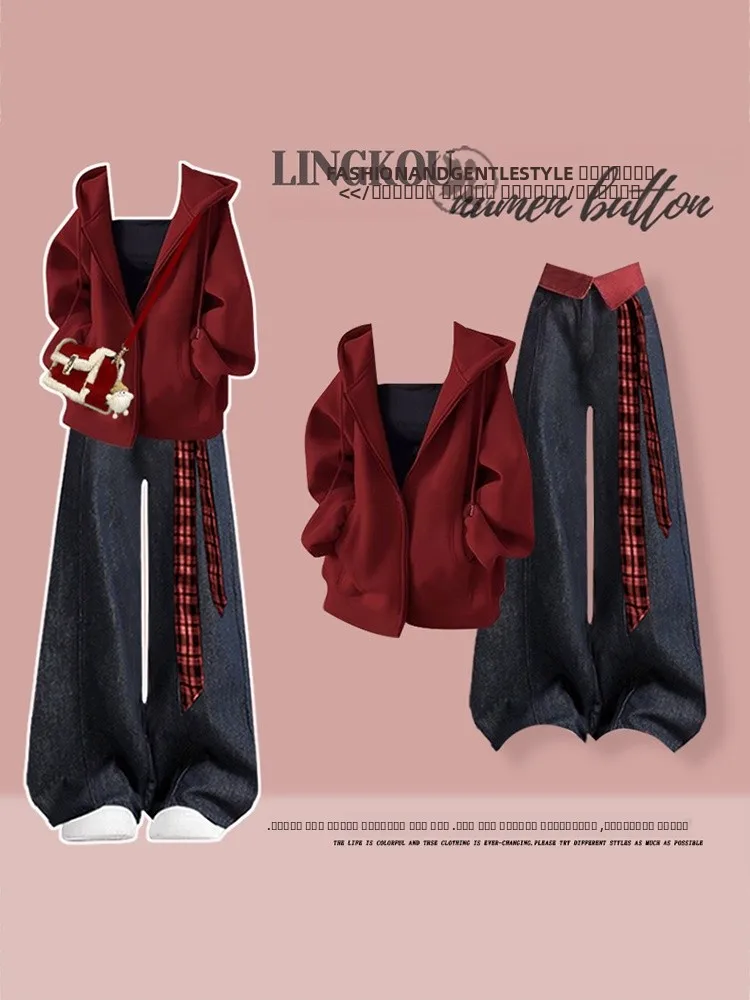 

Зимний комплект атмосферы большого размера, женский свободный антивозрастной джинсовый комплект с капюшоном и высокой талией, джинсовые брюки в стиле ретро, комплект футболок с ремешком