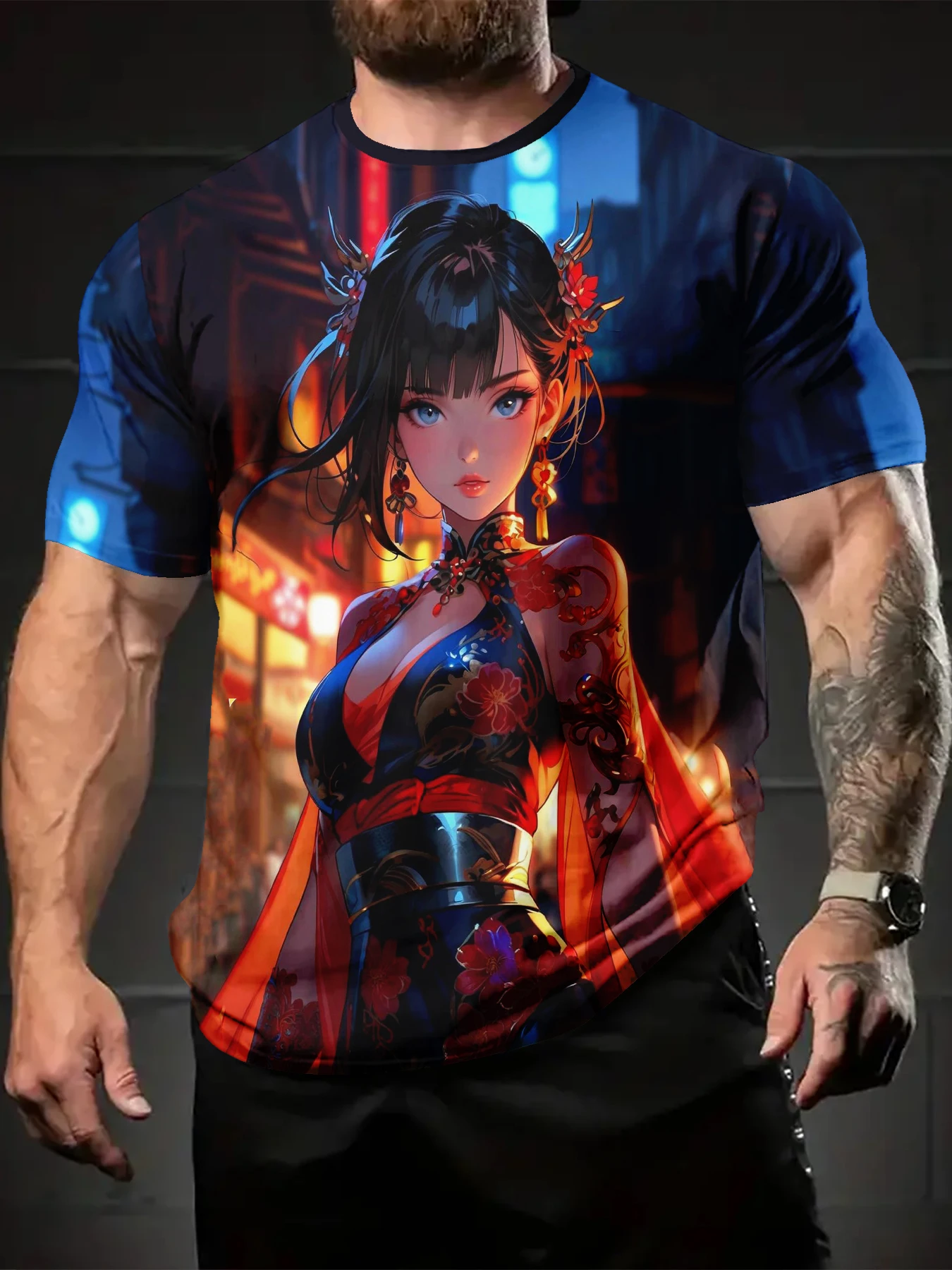 Men Crew Neck Tee With Night City Backdrop Cartoon Lady Art Decor Print