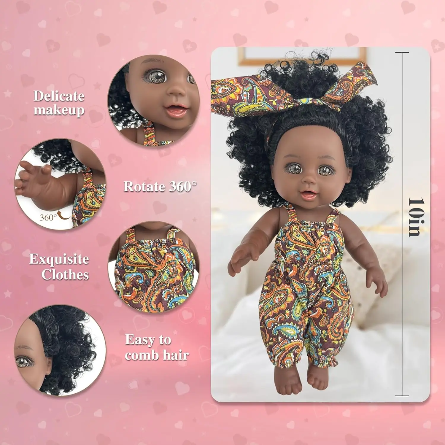 Black Baby Doll 10 inch American African Black Girl Doll with Dress Realistic Reborn Baby Doll For Kids Silicone Small Toys Gift