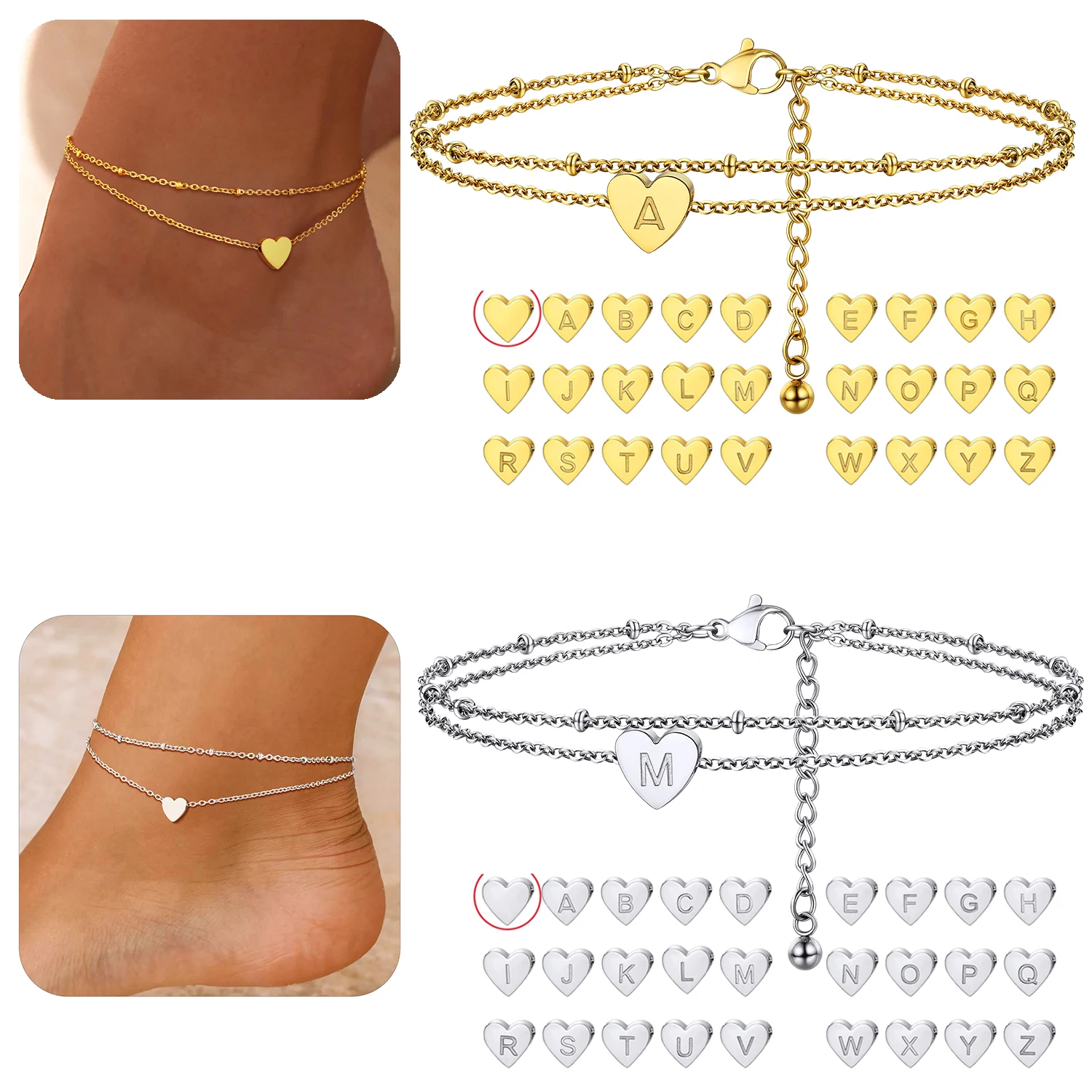 U7 Layered Heart Initial Anklets for Women Double Layers Chains Heart Initial Ankle Bracelets 8.5