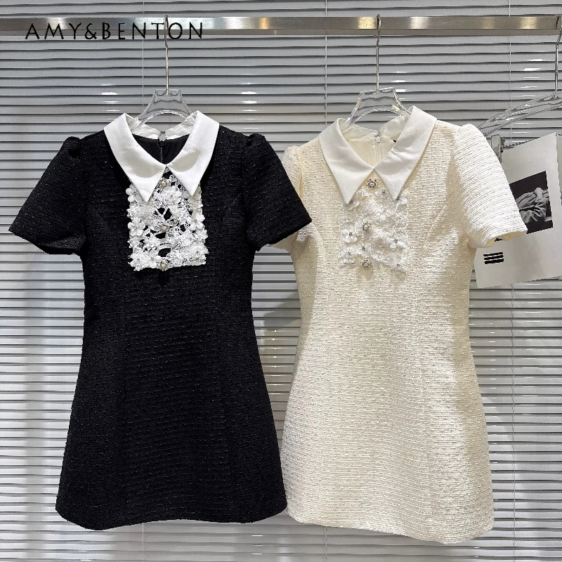 

Heavy Industry Pearl Buckle Lace Embroidery Lapel Splicing Women's Short Sleeve Dress 2026 New Temperament Short Dresses Ladies