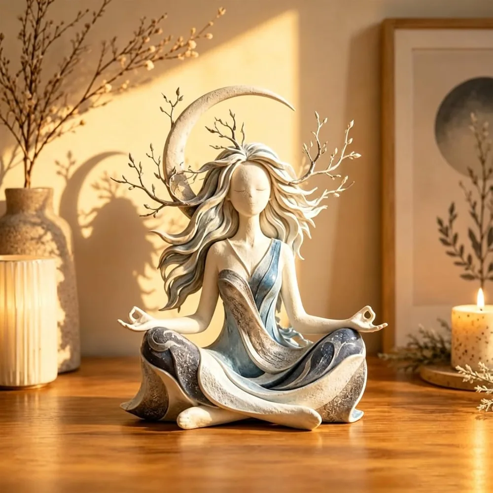 Flowing Hair Sun Moon Goddess Resin Statue Faceless Seated Zen Style Meditation Yoga Goddess Figurine Hand‑Painted Abstract