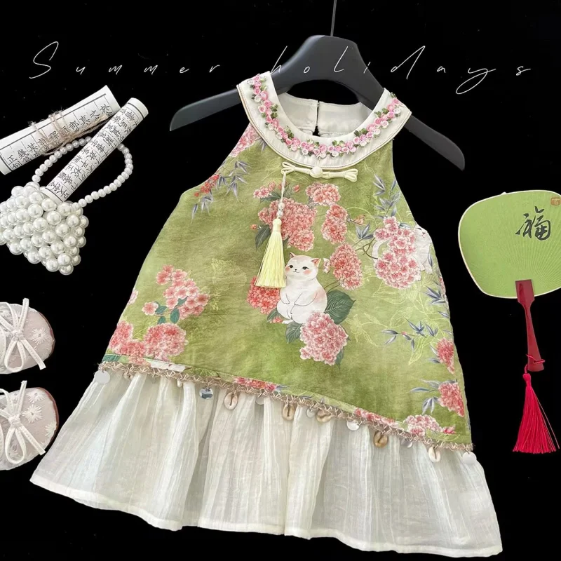 

Girls' Traditional Chinese Style Dress2025Summer Sleeveless Cartoon Cat Vest Dress for Baby Girls New Chinese Style Retro Childr