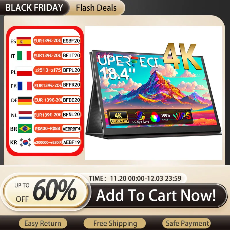 

UPERFECT 18 Inch 4K Portable Monitor IPS Display 3840x2160 External Second Gaming Screen For Gaming Laptop PS4 Switch Mini PC