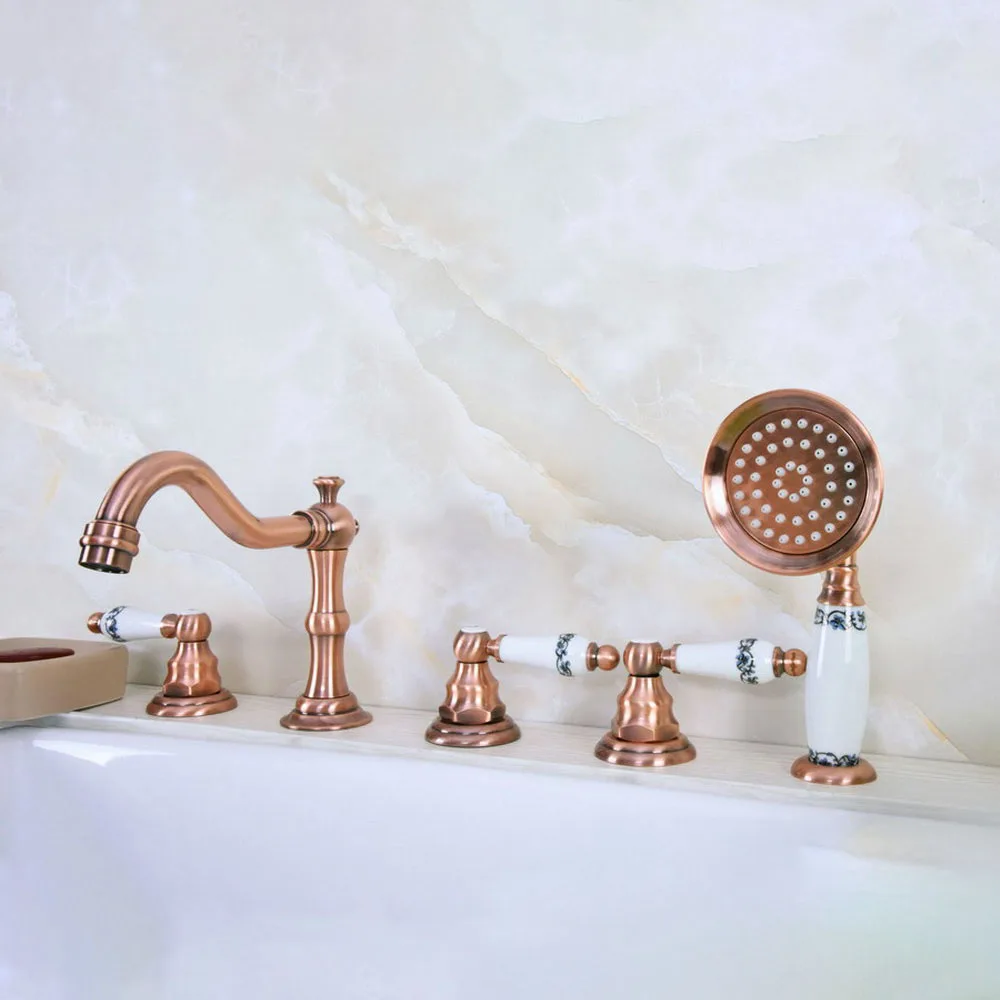 

Античная красная медь латунная Палуба 5 отверстий смеситель для ванной кран ручной душ широкий кран для ванной комнаты Набор водопроводной кран atf224
