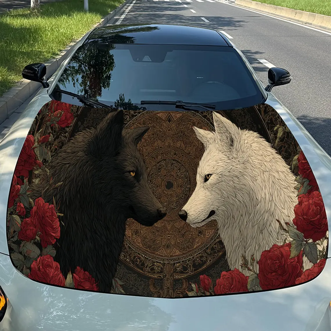 

Classic Red Rose and Wolf Pair - Dreamcatcher Auto Cover Sticker, Waterproof and Self-adhesive Auto Hood Decal, Auto Vinyl Wraps