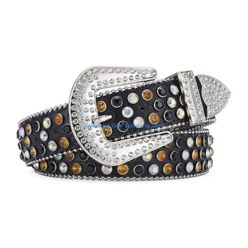 

573B Casual Belts Woman Locomotive Full Diamond Waist Belts Western Cowgirl Y2K Girls Fashion Belt for Jeans Men