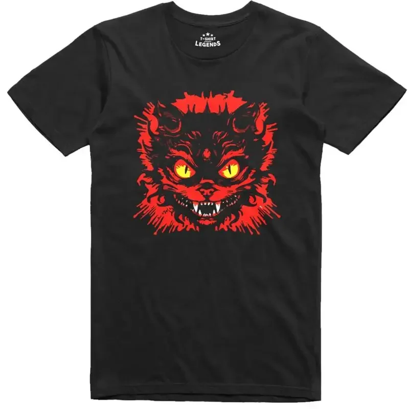Camiseta de Algodón con Diseño de Gato Demonio Felino Terrorífico para Halloween, Corte Normal
